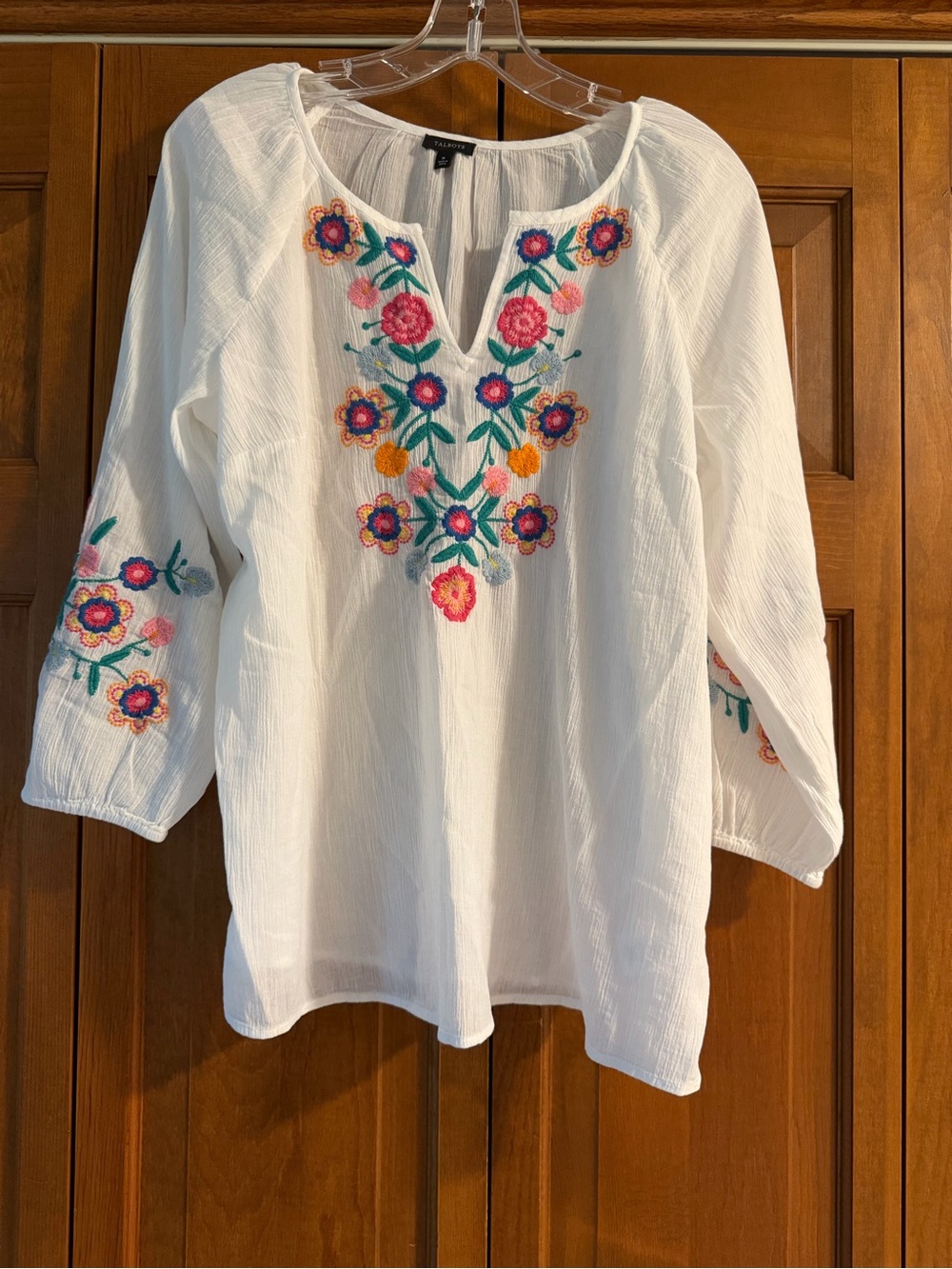 Talbots White V-Neck Tunic with Colorful Floral Embroidery